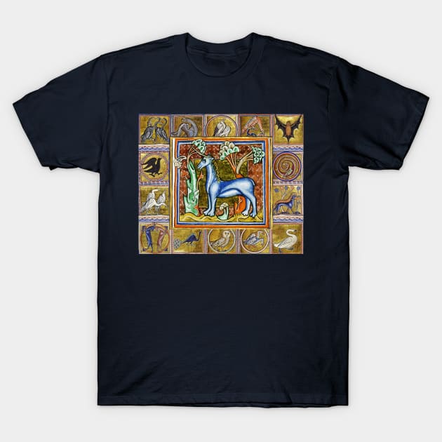 MEDIEVAL BESTIARY,UNICORN,FANTASTIC ANIMALS IN GOLD RED BLUE COLORS T-Shirt by BulganLumini